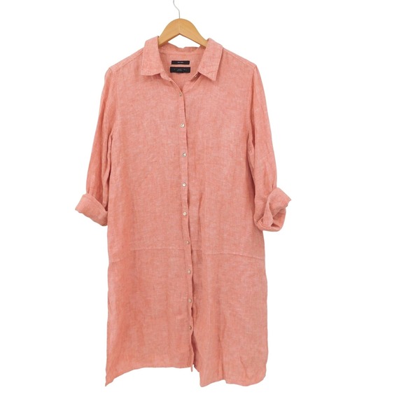 Tahari Dresses & Skirts - Tahari Womens Coral Pink 100% Linen Button Down Roll Tab Shirt Dress Large